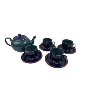 Denby Langley HARLEQUIN England Tea‎ Set - Green/Blue/Red 10 Pcs Served 4